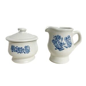 Pfaltzgraff Vintage Cream & Sugar Set Blue Floral Pattern on White Stoneware